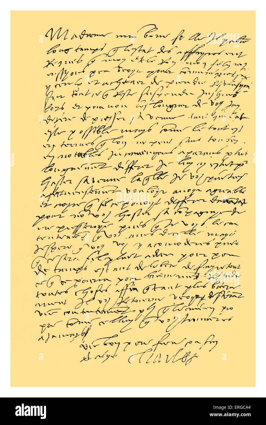 Manuscrit : lettre en français de Charles V à la reine Marie d'Angleterre, exprimant le désir de voir son fils le roi Philippe (sa Banque D'Images