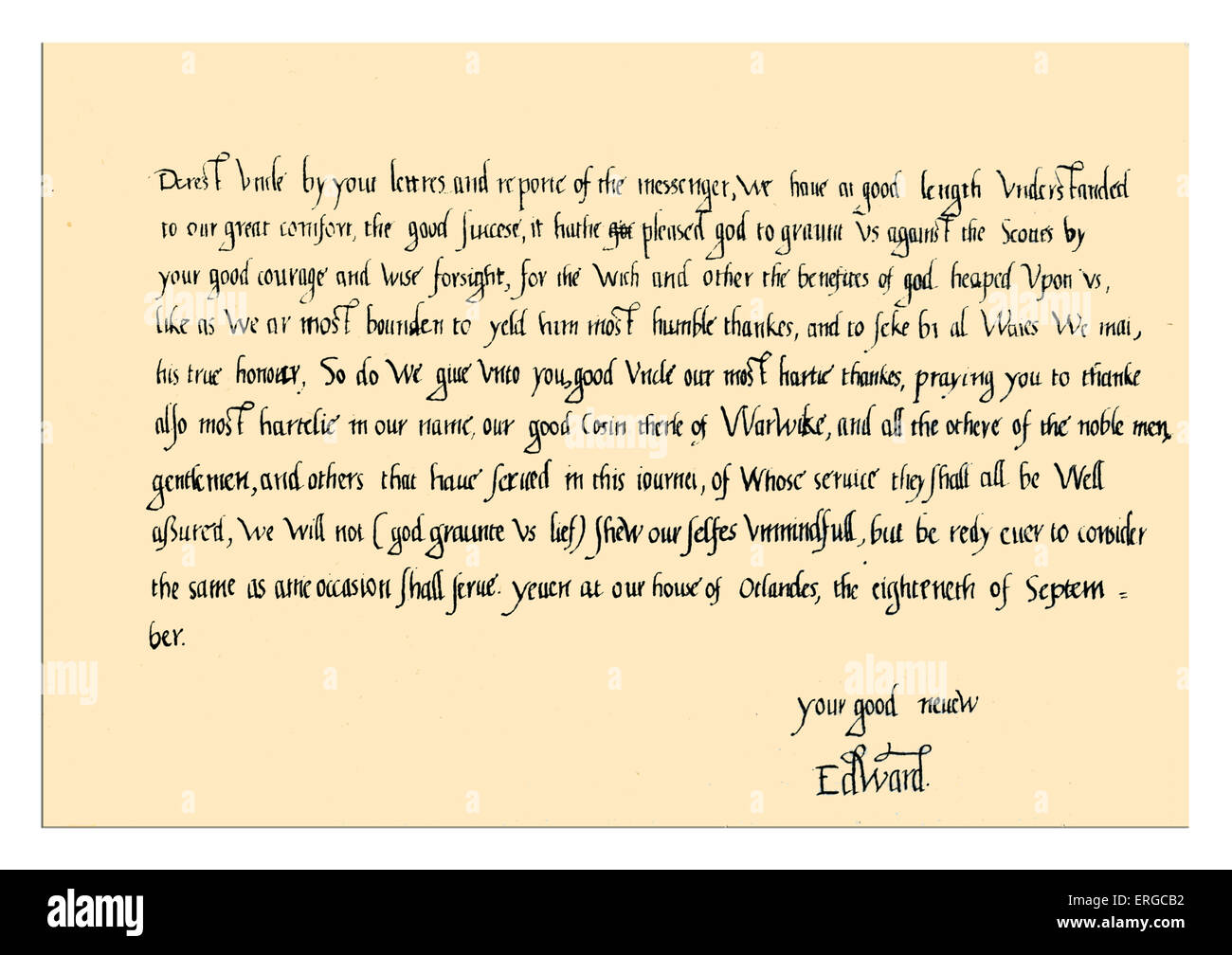 Manuscrit : Lettre écrite d'Édouard VI à son oncle Edward Seymour sur réception de la nouvelle de sa victoire sur les Écossais à Banque D'Images