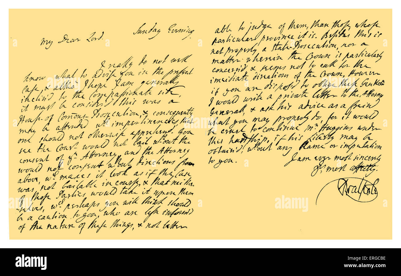 Manuscrit : lettre, écrite lors de premier Lord du Trésor, par Sir Robert Walpole à Thomas Pelham Holles, concernant l'affaire John Huggins, fin Directeur de la prison de la flotte. Huggins a été poursuivi par l'ordre de la Chambre des communes pour la cruauté envers les prisonniers. Sans date, c.1730 (Huggins a par la suite été jugé pour meurtre à l'Old Bailey sur plusieurs occcasions). Signature : Sir Robert Walpole. Homme d'État britannique du parti Whig et premier lord du Trésor, 26 août 1676 - 18 mars 1745. Source : British Museum. Banque D'Images