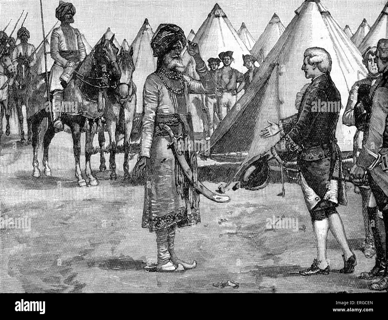 Shah Alam II, le Grand Moghol, souverain de l'Hindustan, entrant dans le camp anglais, 1764. Il a signé le traité d'assurer sa Banque D'Images