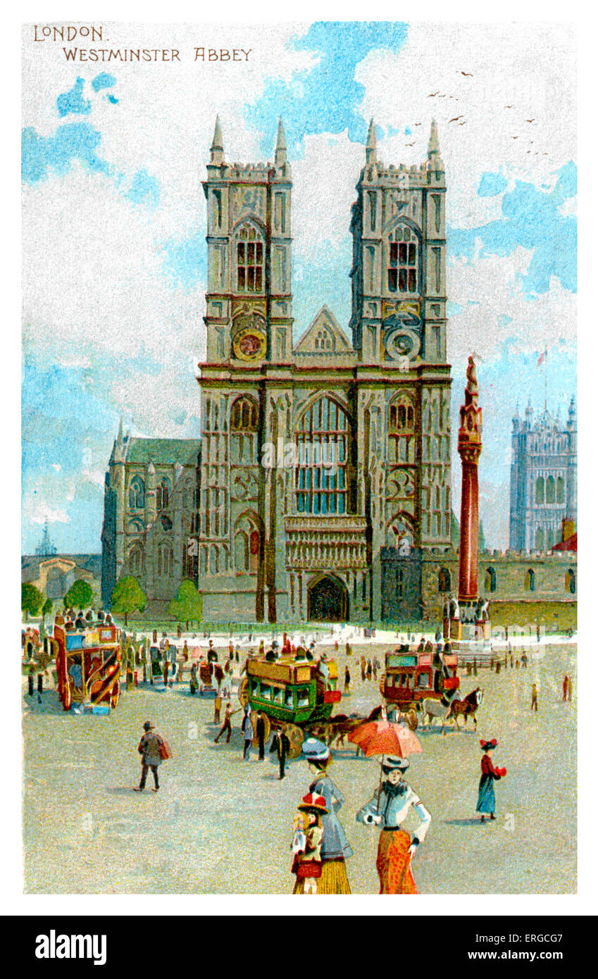 L'Abbaye de Westminster , , Londres - tour du 20e siècle ( ?). Dans la masse avant, deux femmes et une jeune fille. Avec les bus tiré par des chevaux. Banque D'Images