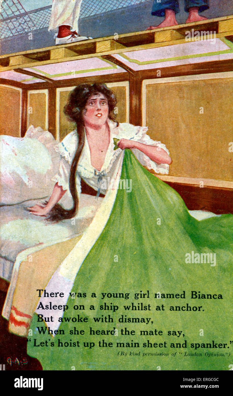Jeune femme sur un navire - La carte postale humoristique. Années 1920. Avec limerick : 'il y avait une jeune fille nommée Bianca/ endormi sur un navire Banque D'Images