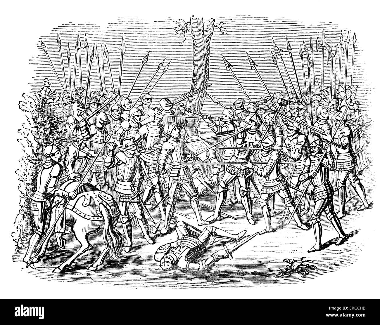 Violer Tower - siège d'un mur de château. La gravure, avec des archers derrière leur pavison, canon et Crossbow-hommes. Banque D'Images