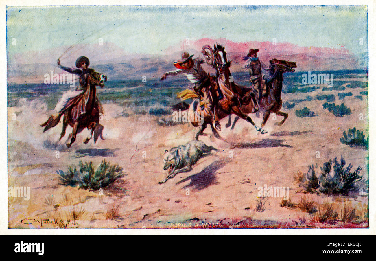 Cowboys à cheval au lasso un loup. Peint par C.M. Russell, 1902. Publié par calendrier Ridgley Co., Montana. Banque D'Images