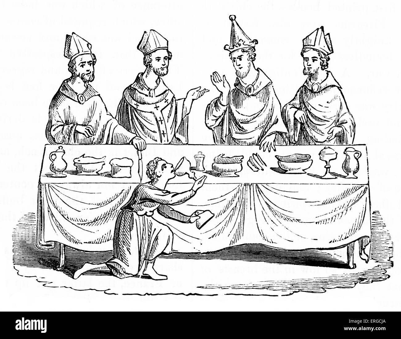 Banquet médiéval : Serviteur dégustation de vin pour vérifier la présence d'une intoxication. De la gravure d'après le manuscrit royal médiéval lumineux (14 E 3). Banque D'Images