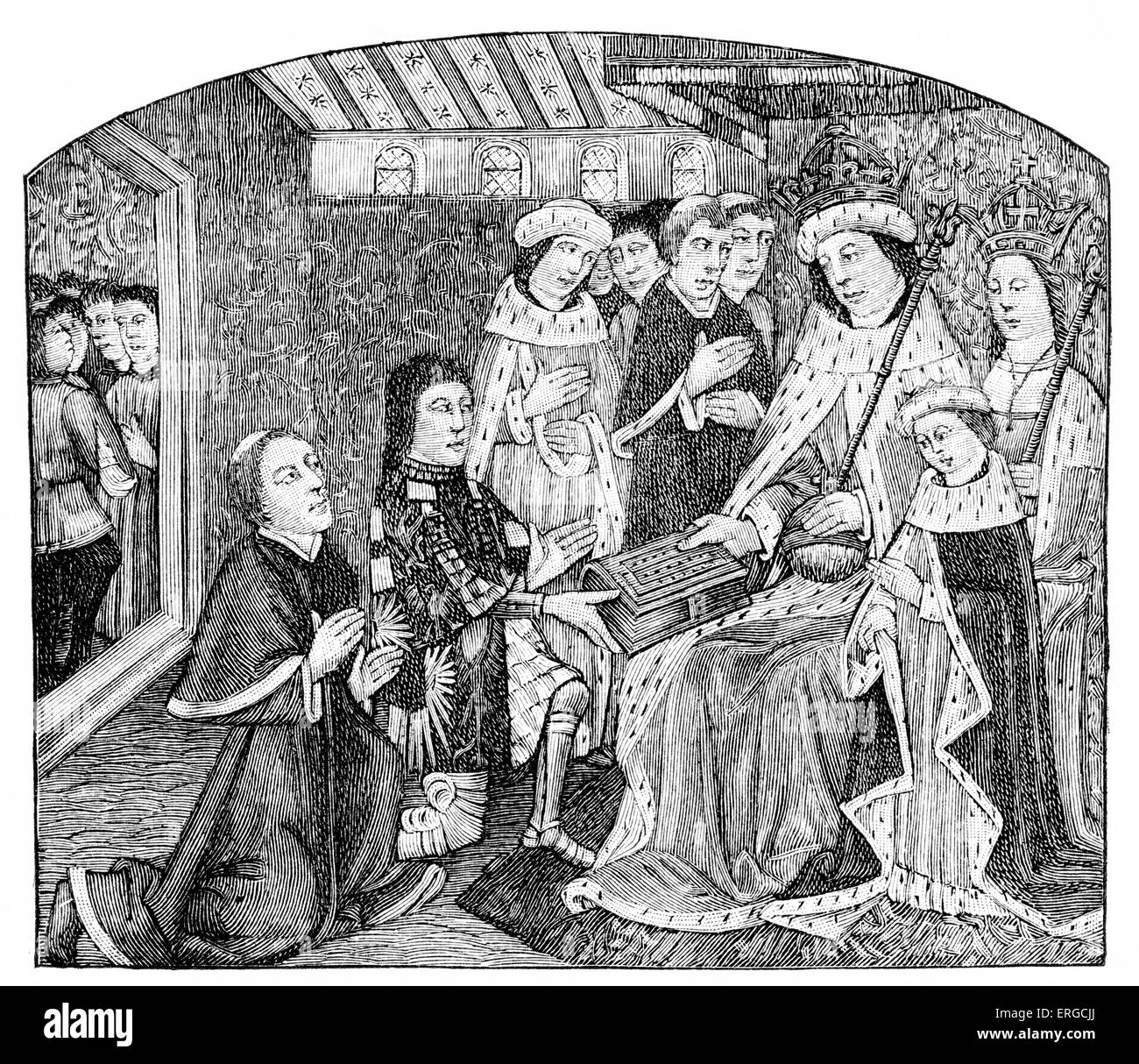 Anthony Woodville présentant Caxton à Edward IV - de la gravure du manuscrit médiéval. Le Caxton premier manuscrit a été imprimé une traduction anglaise par Woodville de Jean de l'Teonville version française d'un travail d'Amérique latine. Le livre a été publié en 1477, intitulé "Sayengis t.i.c.e. et des philosophes". Caxton, considérée comme la première personne anglais au travail qu'une imprimante et le premier à introduire l'imprimerie en Angleterre.ch. 1415/1422 - ch. Mars 1492. AW : 2e comte Rivers, homme d'État et patron littéraire, ch. 1442 - 1483. Banque D'Images