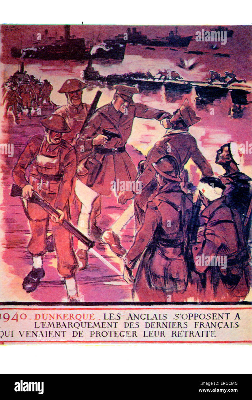 Les Français et les britanniques à Dunkerque, 1940 - L'illustration. Les troupes anglaises l'arrêt soldats français de monter à l'évacuation de bateaux Banque D'Images