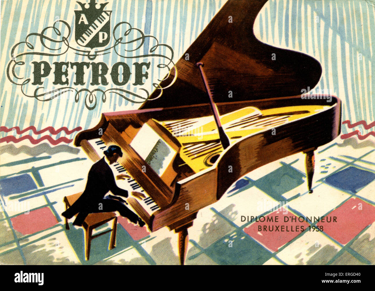 Publicité tchèque Petrof pour pianos à queue. Modèle : Diplôme D'Honneur,  Bruxelles, 1958. Montre un homme jouant le dernier modèle Photo Stock -  Alamy
