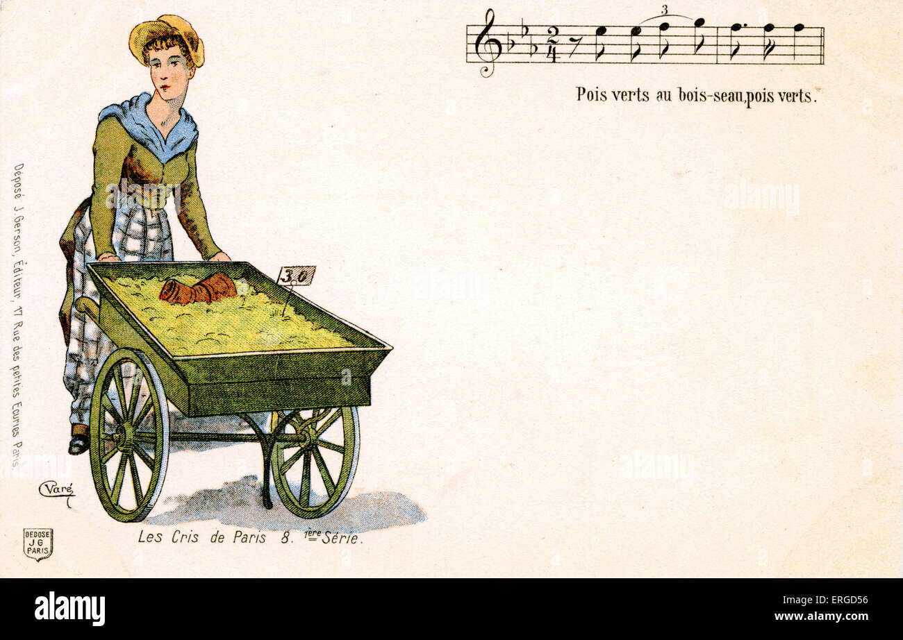 "Les Cris de Paris" - femme vendant des pois. Légende : 'Pois verts au bois-seau, pois verts'/'pois verts par le boisseau, vert Banque D'Images "Les Cris de Paris" - femme vendant des pois. Légende : 'Pois verts au bois-seau, pois verts'/'pois verts par le boisseau, vert Banque D'Images