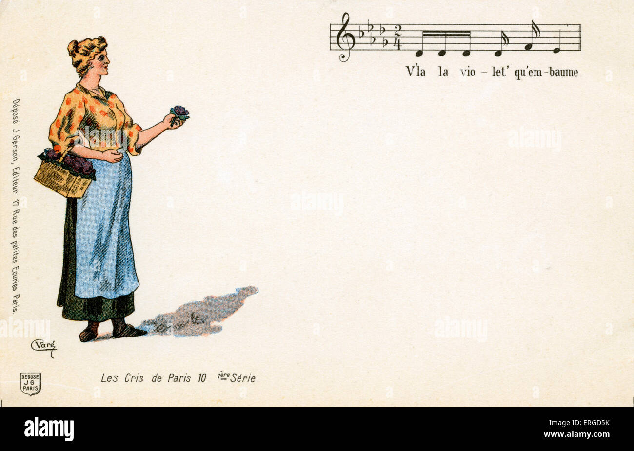 "Les Cris de Paris" - femme vendant des violettes. Légende : "V'la la violet' qu'em-baume'/ 'voici une façon violette odorante". Avec Banque D'Images "Les Cris de Paris" - femme vendant des violettes. Légende : "V'la la violet' qu'em-baume'/ 'voici une façon violette odorante". Avec Banque D'Images