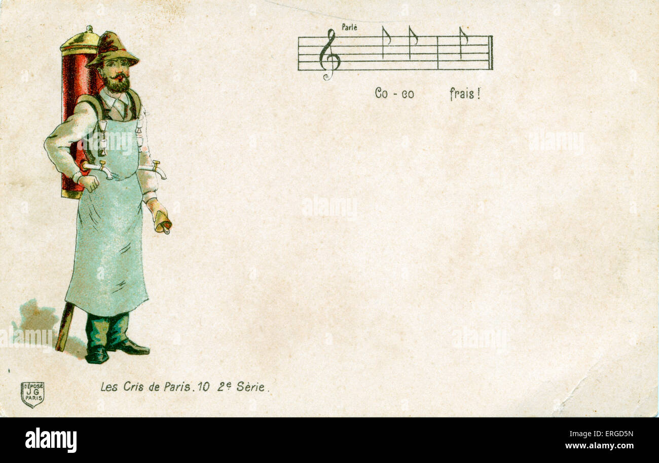 "Les Cris de Paris" - homme vente de coco frais. Légende : "Co-co frais !'/ 'Fresh coco !'. Avec une notation musicale. Coco est un verre Banque D'Images "Les Cris de Paris" - homme vente de coco frais. Légende : "Co-co frais !'/ 'Fresh coco !'. Avec une notation musicale. Coco est un verre Banque D'Images