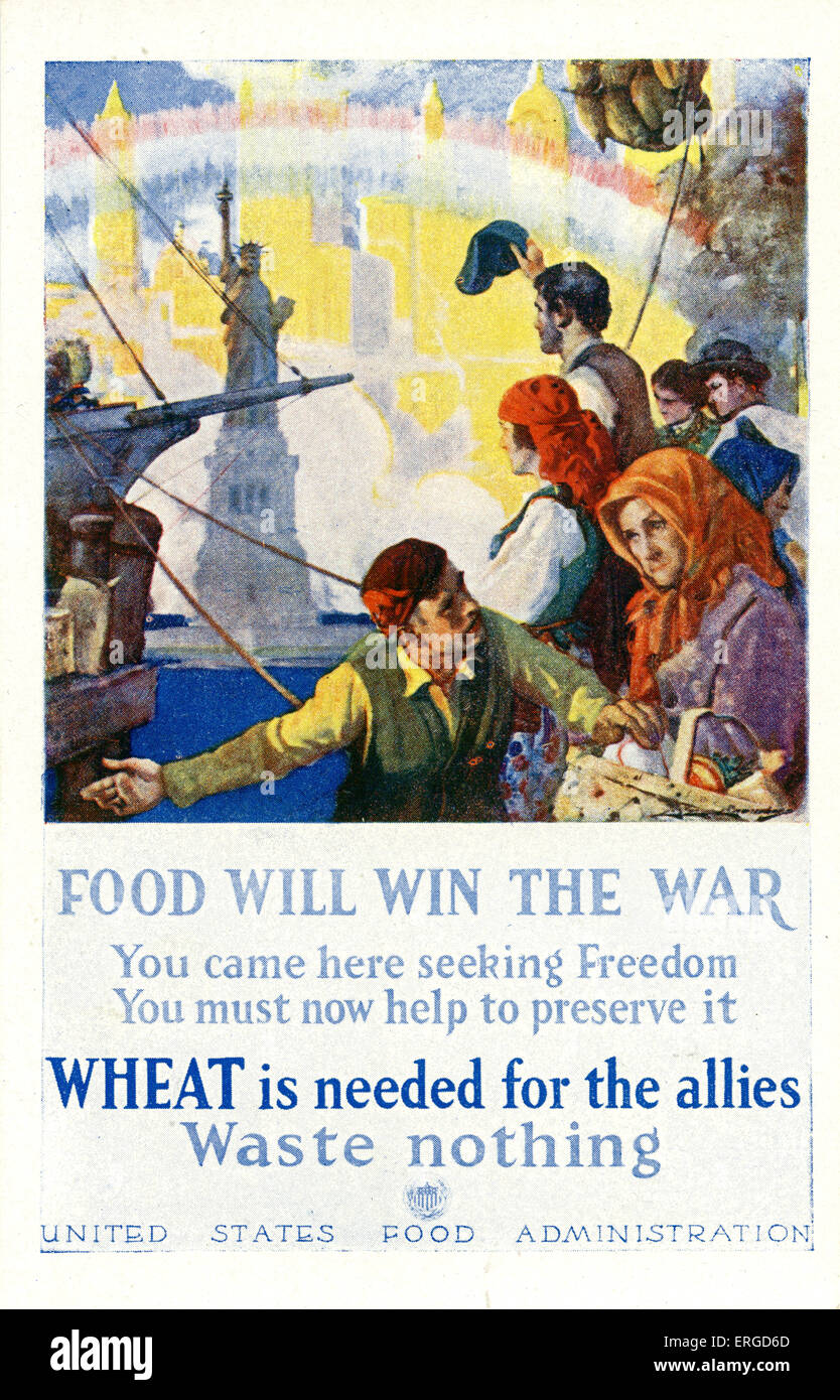 American Première Guerre mondiale les déchets alimentaires de la propagande. Produit par les États-Unis l'Administration de l'alimentation. Immigrants américains montre Banque D'Images