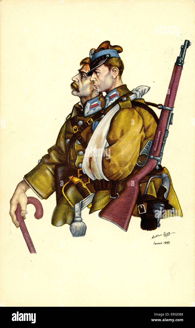 Le martyre, par Arthur Szyk. L'artiste polonais : 16 juin 1894 - 13 septembre 1951. Montre deux soldats blessés. Dans la peinture de l'aide Banque D'Images