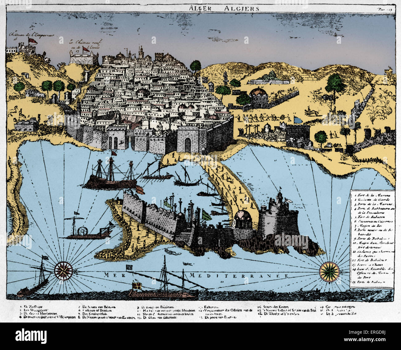 La carte d'Alger 1700. Ville fortifiée sur la côte de la Méditerranée. L'Afrique du Nord. Toile de fond de la corsaires barbares. Banque D'Images