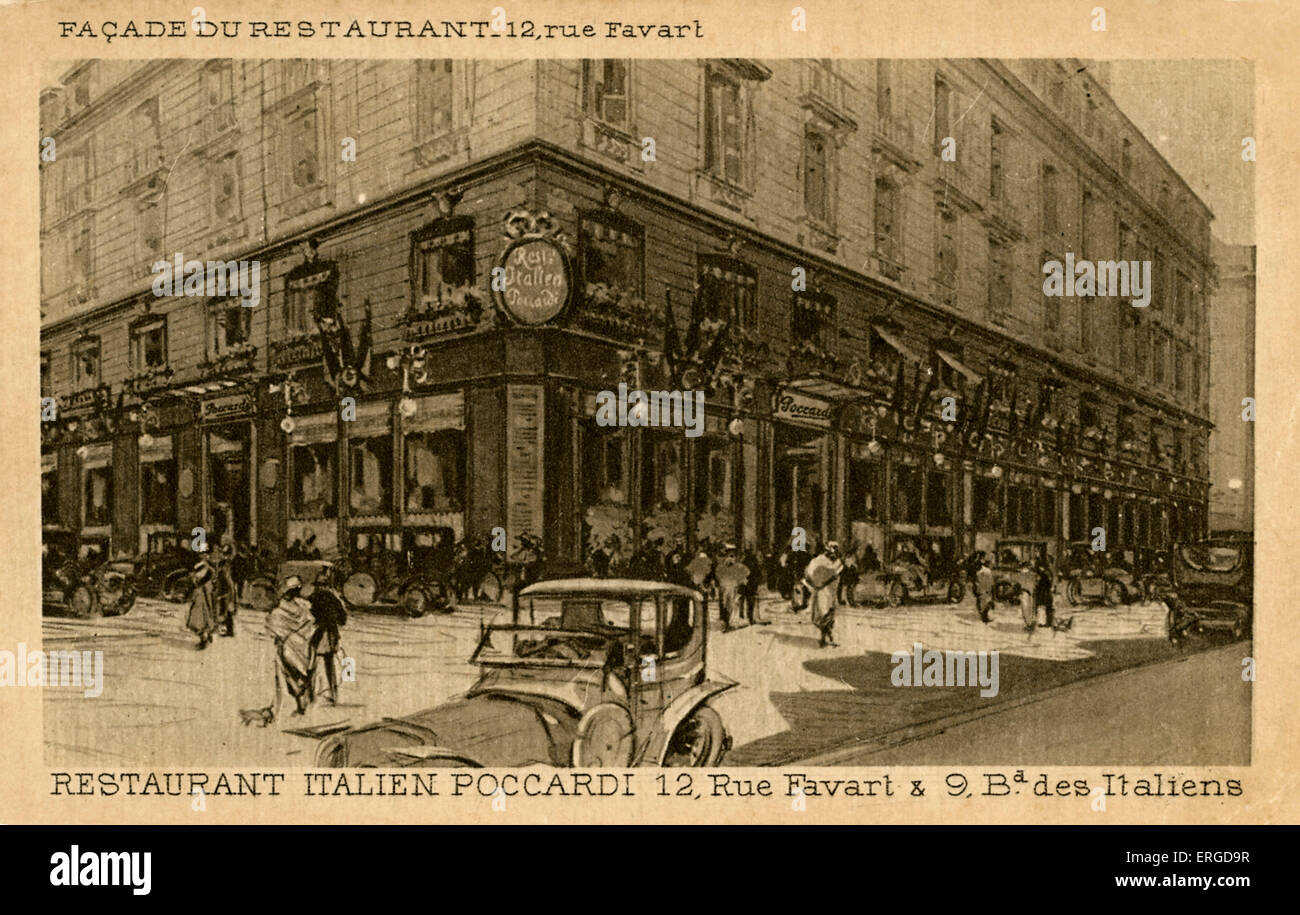 Restaurant Italien Poccardi, Paris - début du xxe siècle. Vue de façade de rue. Situé à 12 rue Favart & 9 Boulevard des Banque D'Images