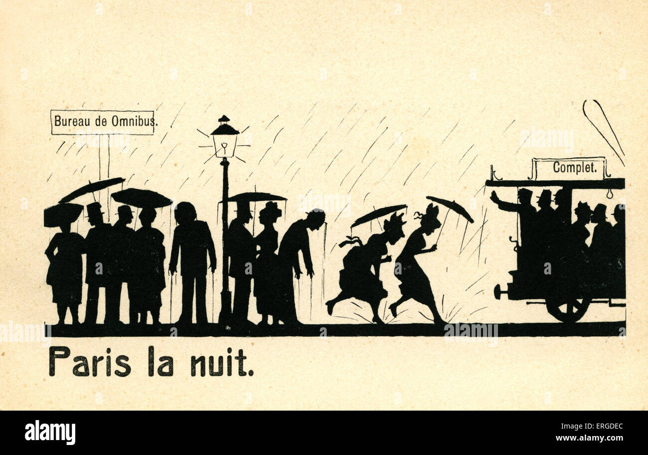 Paris by night ('Paris la nuit'), ch. 1900. Passagers attendant bill omnibus. Inscrivez-vous sur le bus sur la droite indique 'plein' ('complet"). Banque D'Images Paris by night ('Paris la nuit'), ch. 1900. Passagers attendant bill omnibus. Inscrivez-vous sur le bus sur la droite indique 'plein' ('complet"). Banque D'Images
