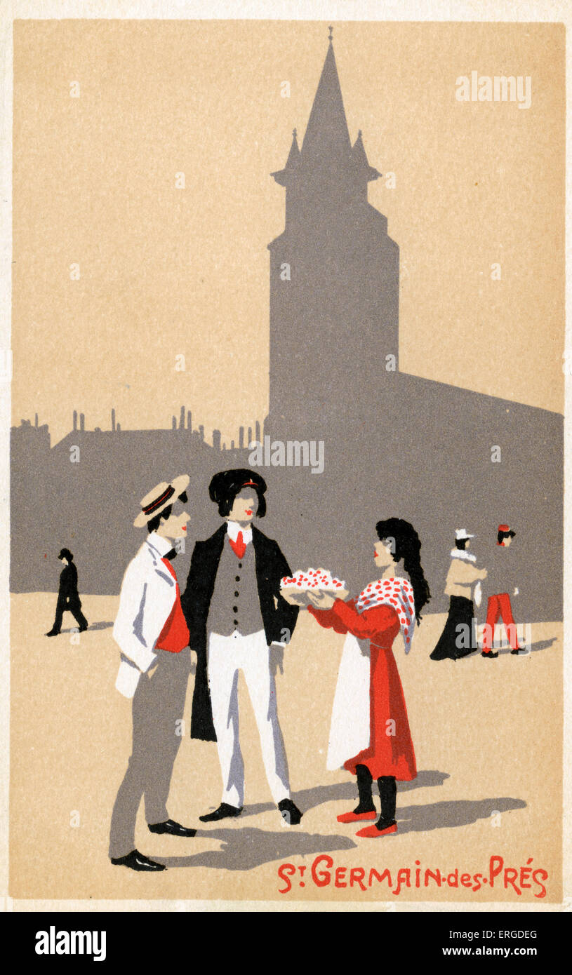 Saint-Germain-des-Prés, Paris. Carte postale, c. 1900. Femme qui tentait de vendre ses marchandises à deux jeunes hommes. Domaine de la 6ème Banque D'Images Saint-Germain-des-Prés, Paris. Carte postale, c. 1900. Femme qui tentait de vendre ses marchandises à deux jeunes hommes. Domaine de la 6ème Banque D'Images