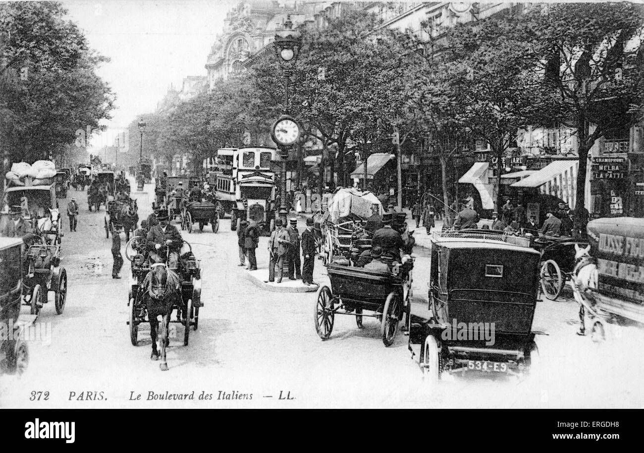 Boulevard des Italiens, Paris, ch. 1900. Vue sur la rue. Banque D'Images