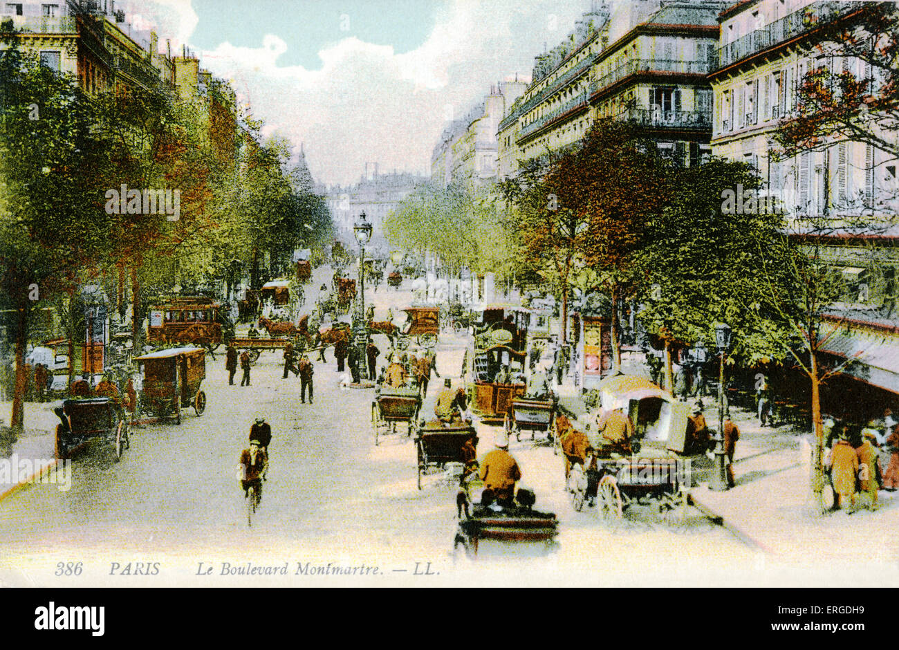 Boulevard Montmartre, Paris, ch. 1900. Vue sur la rue. Banque D'Images