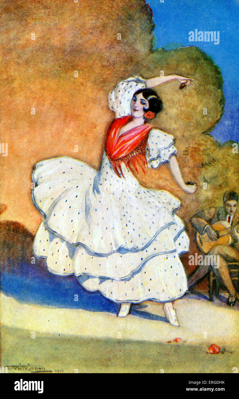 Danseuse de flamenco. Elle-même d'accompagnement avec les castagnettes, musique jouée par un homme avec une guitare. Banque D'Images