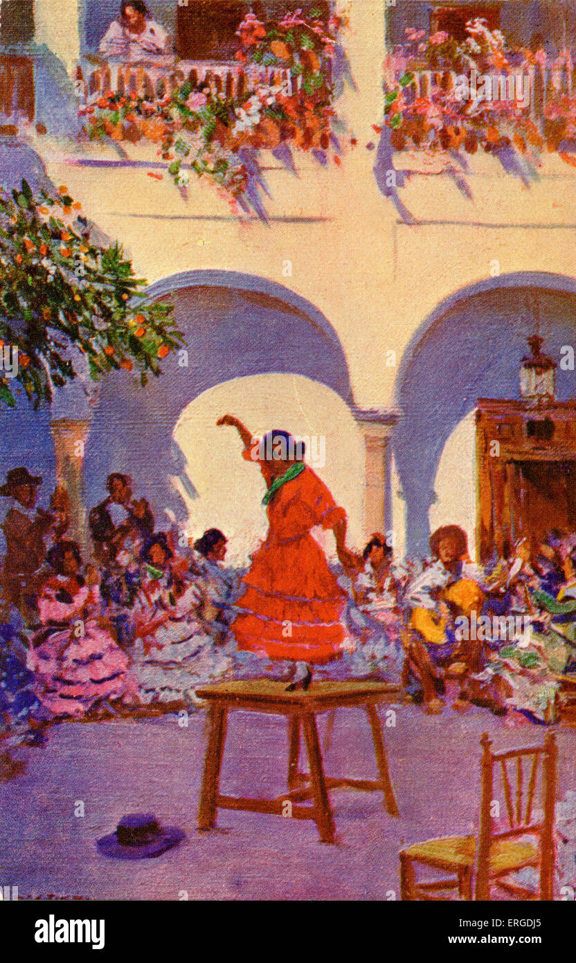 La partie. Montre Femme gitane dansant sur une table, tandis que d'autres s'asseoir à proximité, jouer de la musique. Illustration par Mariano Bertuchi, Banque D'Images