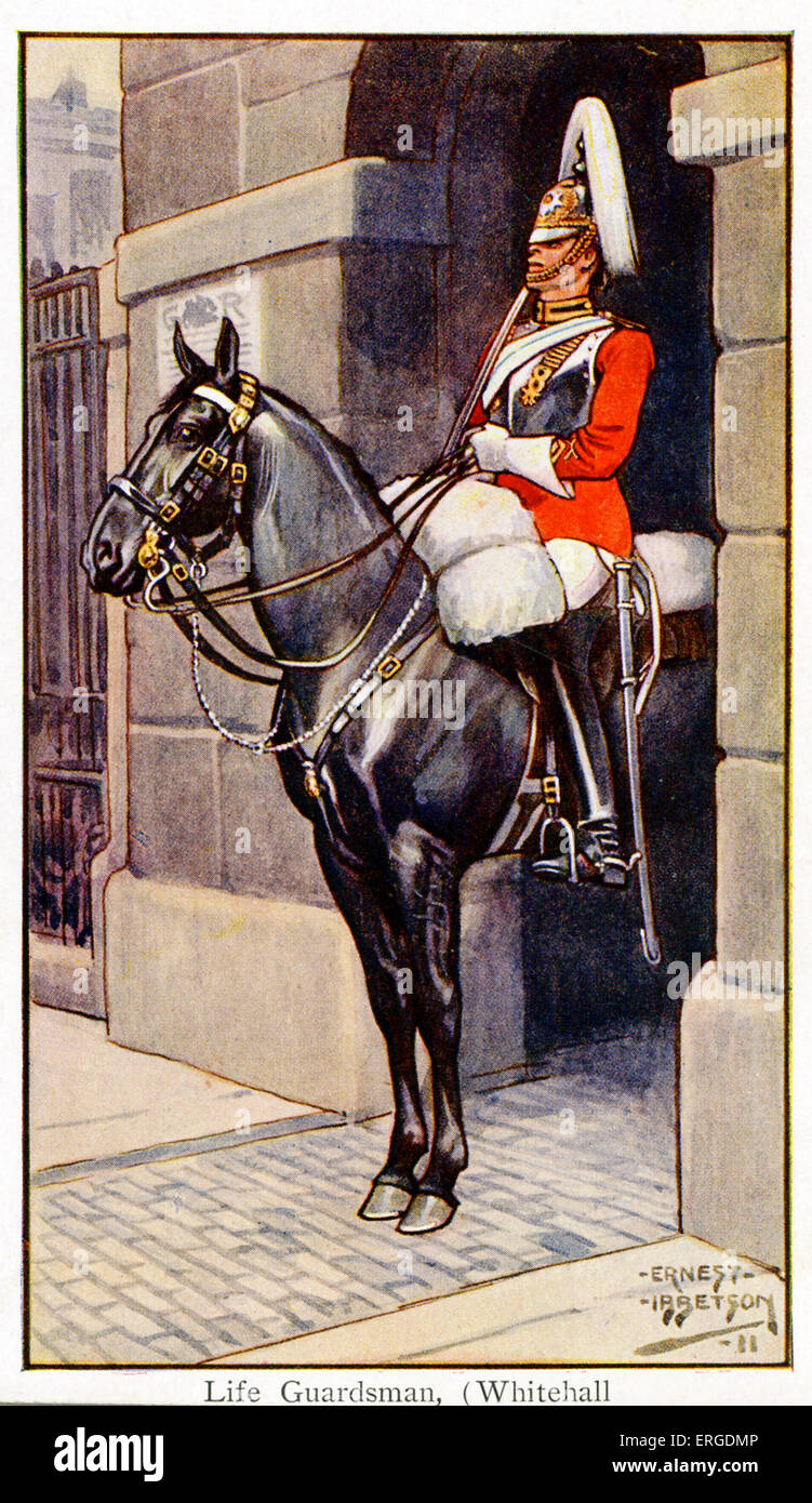 Garde la vie à Whitehall, Londres, 1911. Les gardiens de la vie constituent la cavalerie de famille, avec le bleu et la famille royale. Banque D'Images
