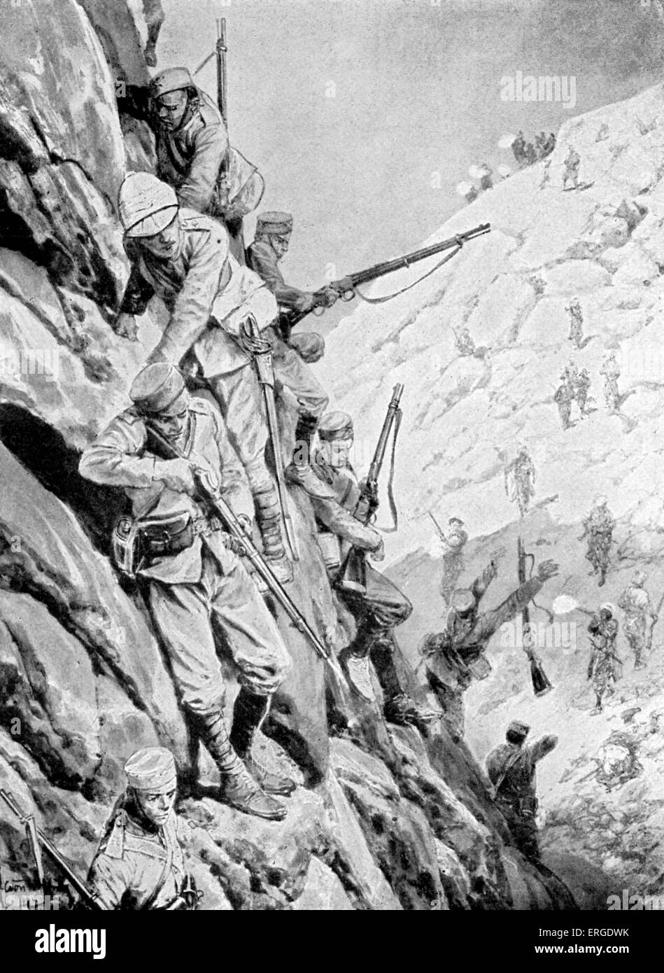 Une note de l'ordre décroissant les Gurkhas sous le feu. Au cours de 1897 il y a eu une série d'attaques contre les forces britanniques le long de la frontière afghane. Banque D'Images