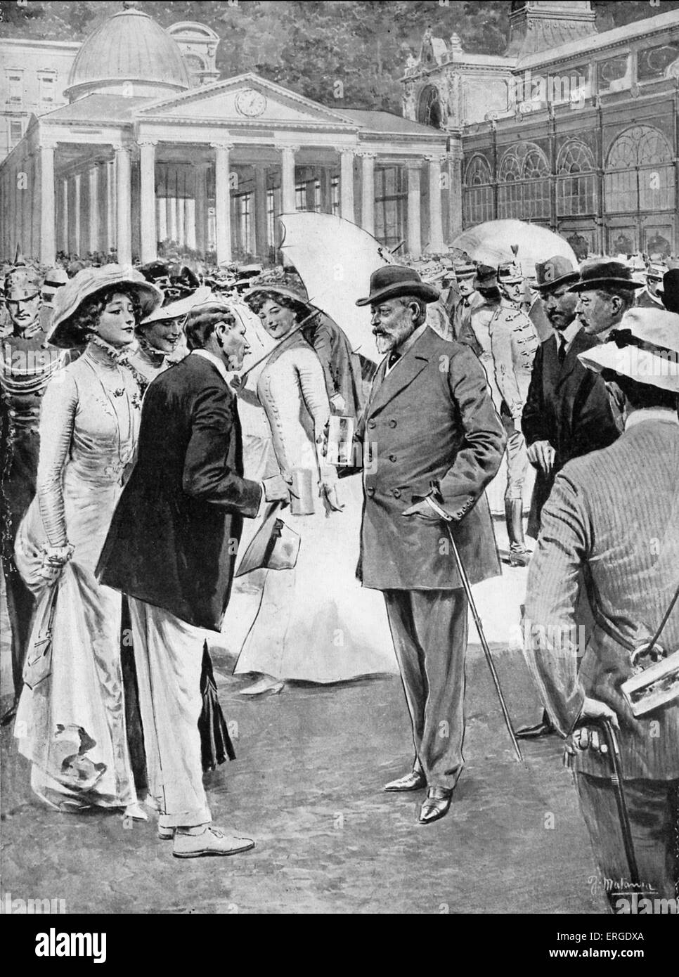 Édouard VII au springs à Marienbad, 1909 - prendre la 'cure' (les eaux de source). À partir de Dessin de F. Matania de la période. Banque D'Images