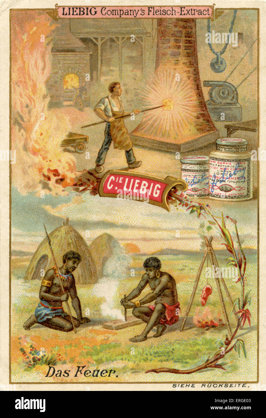 Incendie ('Das Feuer") - cartes à collectionner Liebig Company, série ressources naturelles. Publié 1892. Banque D'Images
