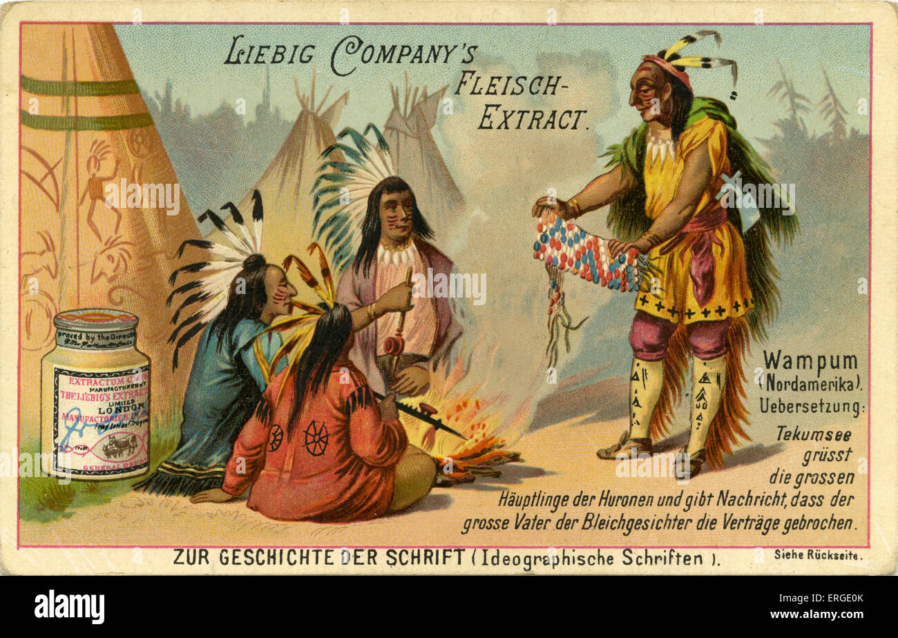 Histoire de l'écriture ('Zur Geschichte der Schrift') - L'écriture idéographique. Publié 1892. Les ceintures de wampum (tissus de coquillages, perles), Banque D'Images