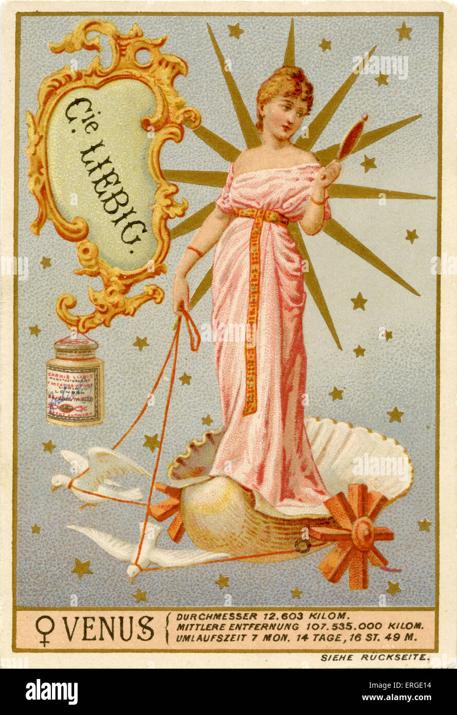 Corps célestes Venus et symbole astrologique. Traduction : "iameter : 12 603 km. sur orbite : 107 535 000 km temps orbite : 7 mois, Banque D'Images