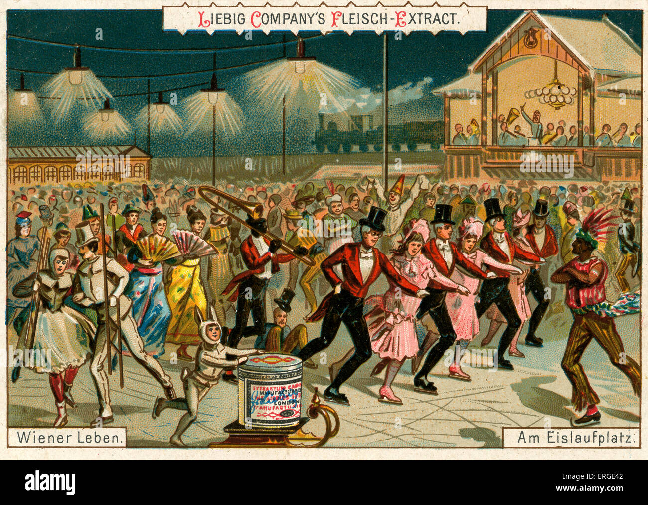À la patinoire, Vienne. Sous-titre suivant : 'Am Eislaufplatz'. Série de cartes Liebig : Wiener Leben (1890). Banque D'Images