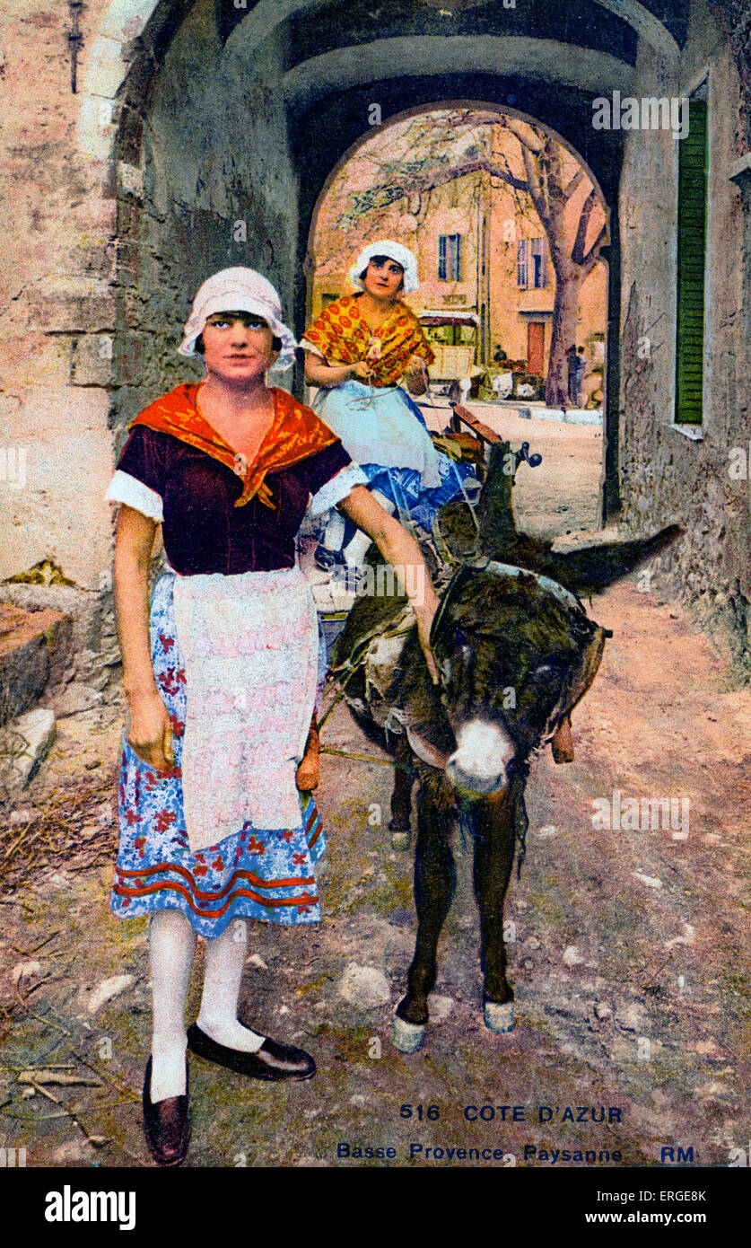 Les femmes paysannes, à partir de la Côte d'Azur, basse Provence, France. Avec l'âne. Banque D'Images