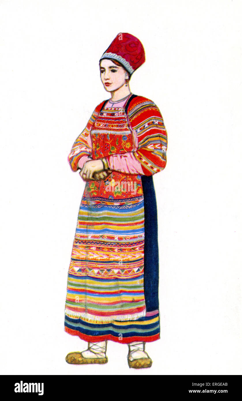 Robe traditionnelle russe - illustration par N. Vinogradova. Femme en robe d'Vereya, Province de Moscou. Banque D'Images