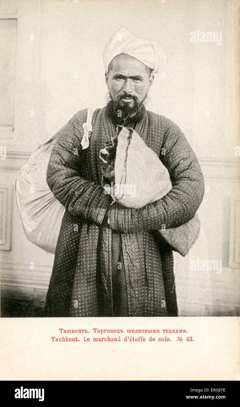 Marchand de soie à Tachkent, ch. 1900. L'Ouzbékistan moderne de jour, jusqu'en 1924 partie de l'Empire russe. Banque D'Images
