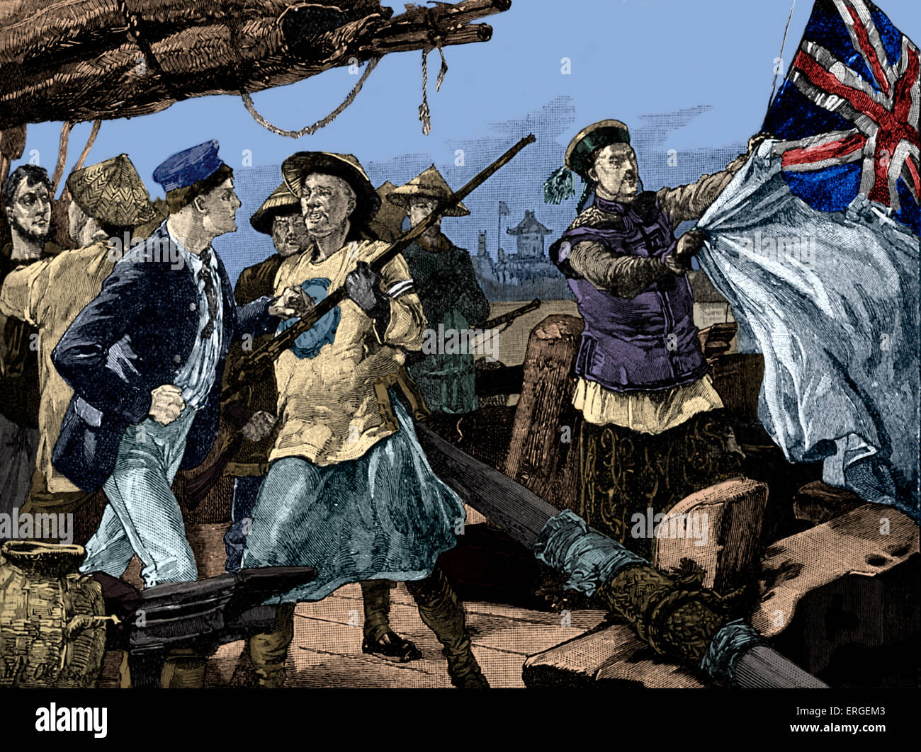 Seconde Guerre de l'Opium : les responsables chinois tirant drapeau britannique sur le navire Arrow. Le 8 octobre 1856, les fonctionnaires Qing Hong boared Banque D'Images