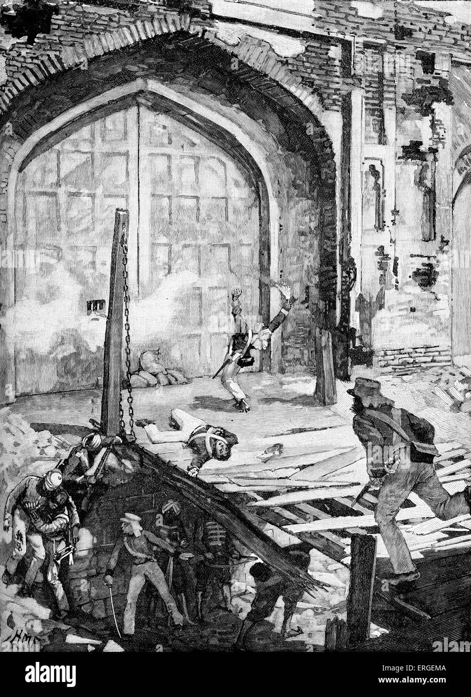 Faire sauter le Kashmiri Gate à Delhi, Inde, 1857. Next Gate a gagné l'attention nationale au cours de la mutinerie de 1857. Indian Banque D'Images