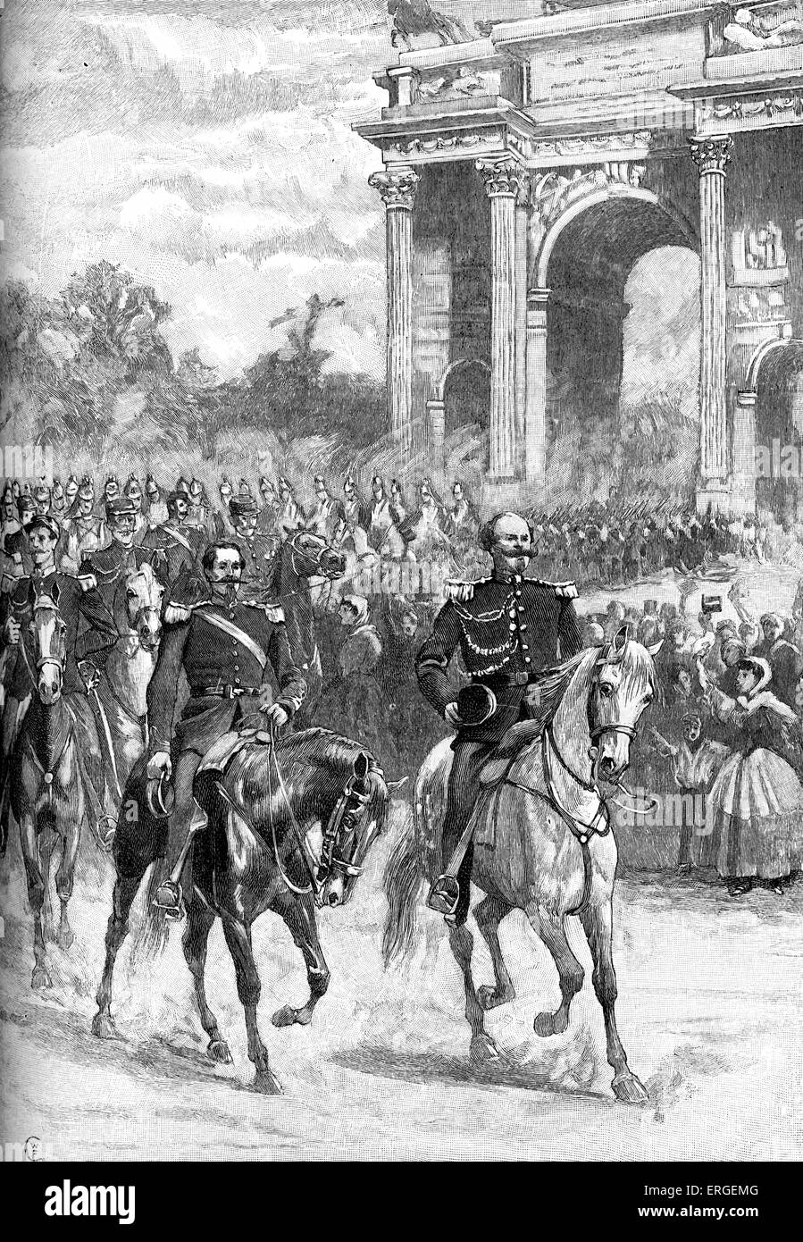Napoléon III et le roi Victor-Emmanuel entre Milan, juin 1859. La défaite autrichienne à la bataille de Magenta (4 juin) conduit à Banque D'Images