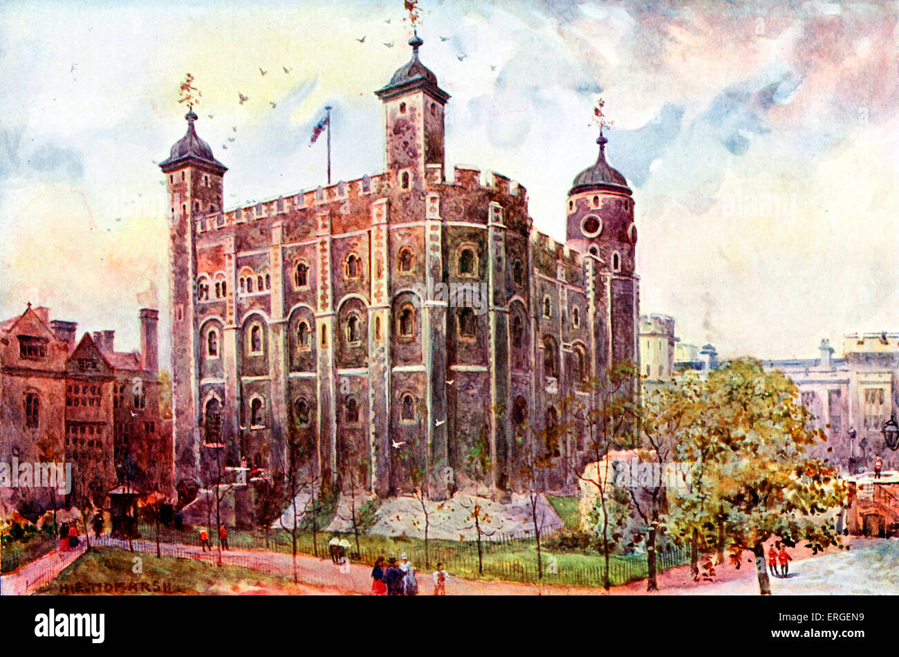 La Tour Blanche, la Tour de Londres, UK - fin du xixe siècle, de la peinture d'impression par S. Tidmarsh. Garder la tour. Banque D'Images