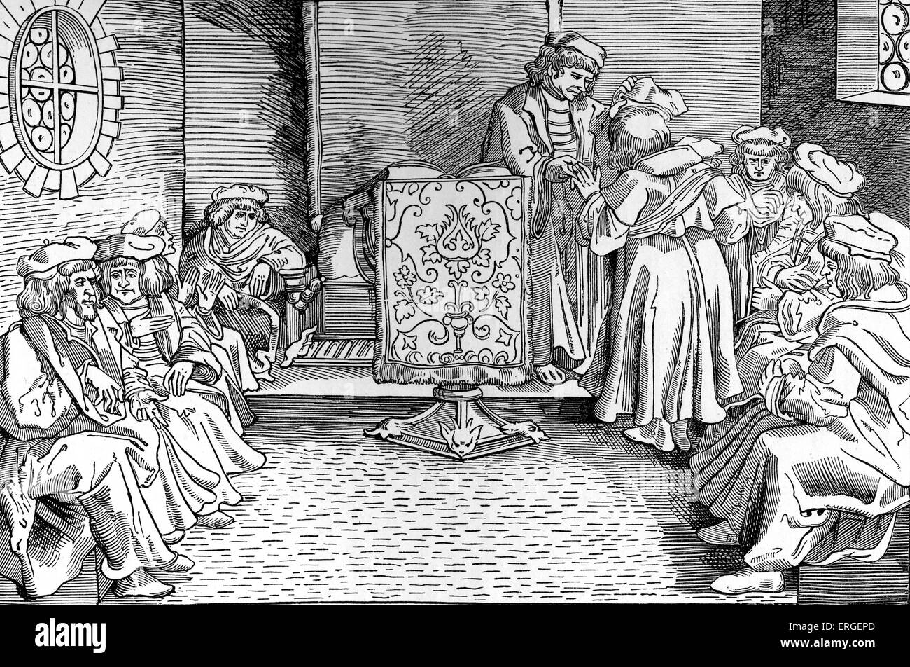 Attribution d'un doctorat. À partir de la reproduction de la gravure sur bois du 14e siècle prise à partir de la version allemande de Cicero 'De'' Officius Banque D'Images