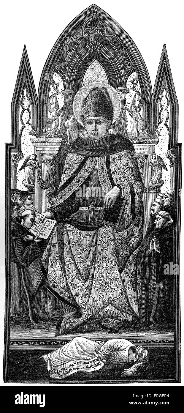 Saint Augustin, évêque d'Hippone (de l'italien par l'illustration de Scool 15ème siècle). Le port de vêtement de son ordonnance en vertu de l'ordination épiscopale du cap. À ses pieds, la figure d'Aristote, holding signs qui lit : "icimus mundum esse aeternum, principium, et non habere finem' ('nous disent que le monde est éternel, n'a ni début ni fin'). SA : Aussi connu comme Augustin, saint Augustin, saint Austin, St. Augoustinos, bienheureux Augustin, saint Augustin ou la sainte, l'évêque d'Hippo Regius (Annaba, Algérie). Latin - théologien et philosophe francophone de la région romaine, 13 Novembre 354 - 28 août 430. Banque D'Images