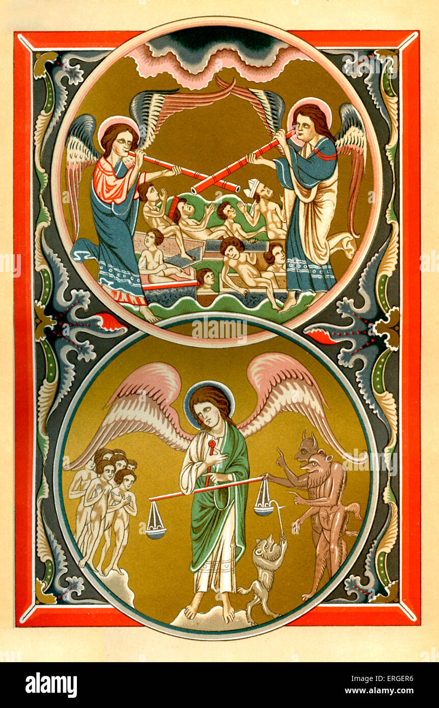 La Résurrection des Morts et la pesée des âmes dans la balance lors du jugement dernier. À partir de la miniature du psautier de St. Banque D'Images