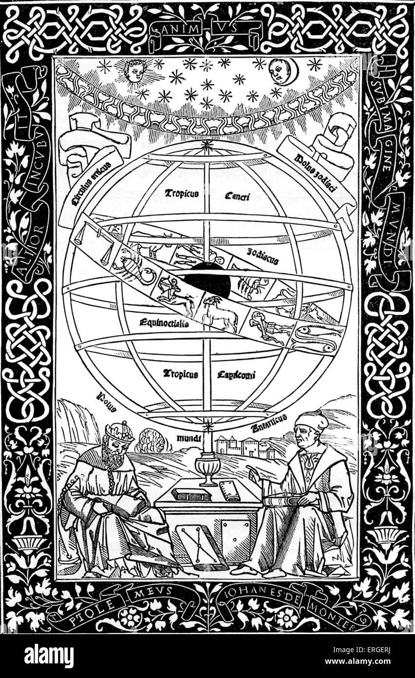 Le système de Ptolémée, expliqué par Johann Müller, appelé Regiomontanus. À partir de la reproduction de la gravure sur bois de la Banque D'Images