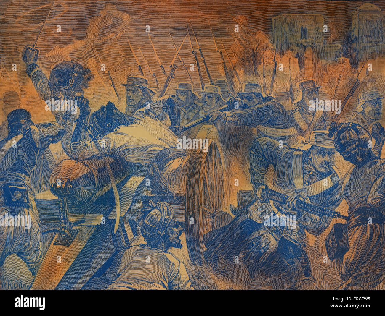 Highlanders capturant les canons de Cawnpore (maintenant : Kanpur) au cours de la rébellion indienne de 1857. La mutinerie a commencé des sepoys (Indian Banque D'Images