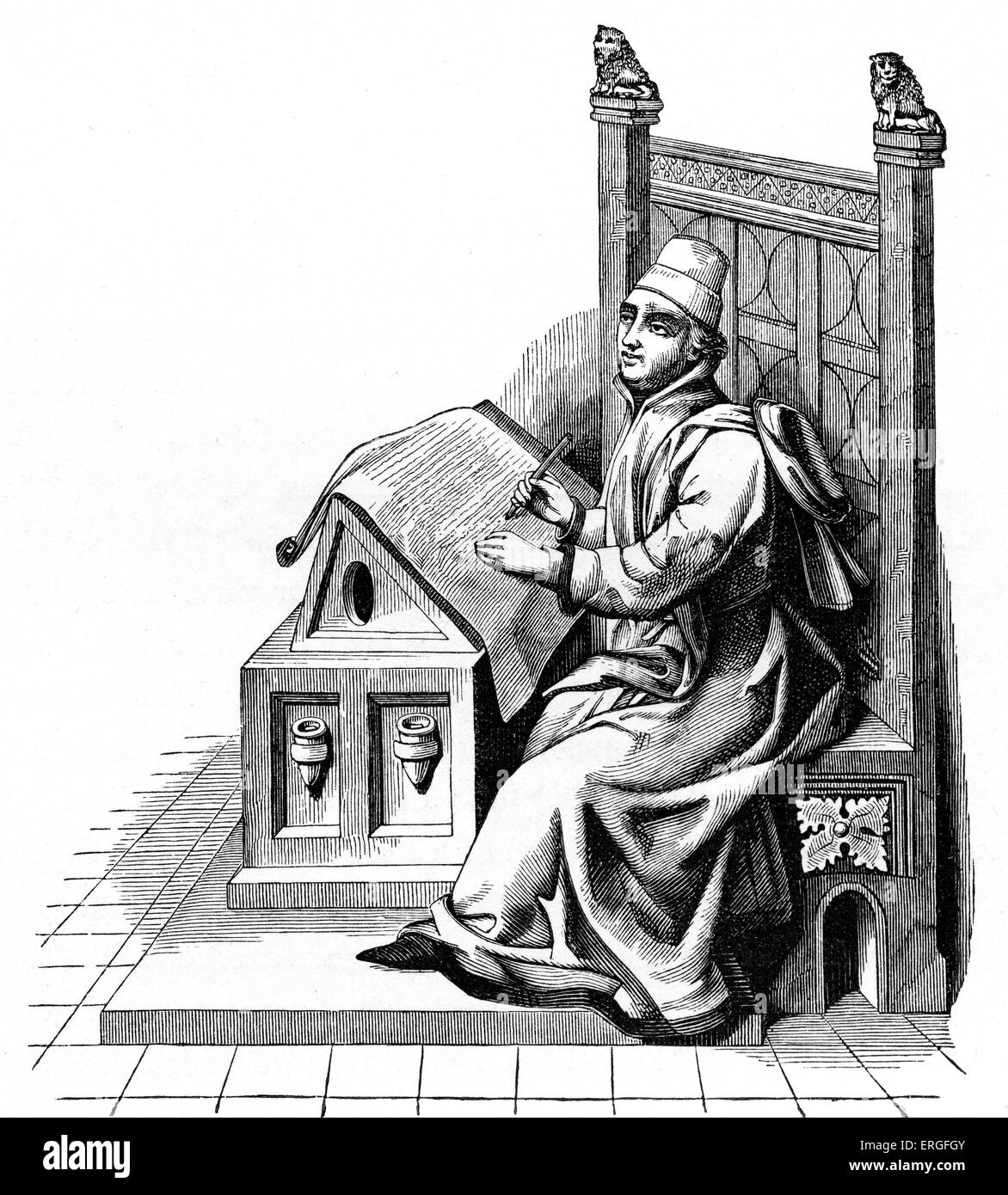 Copiste écrit sur une feuille de vélin - miniature à partir de la 15e siècle manuscrit. (Bibliothèque Royale, Bruxelles). Banque D'Images