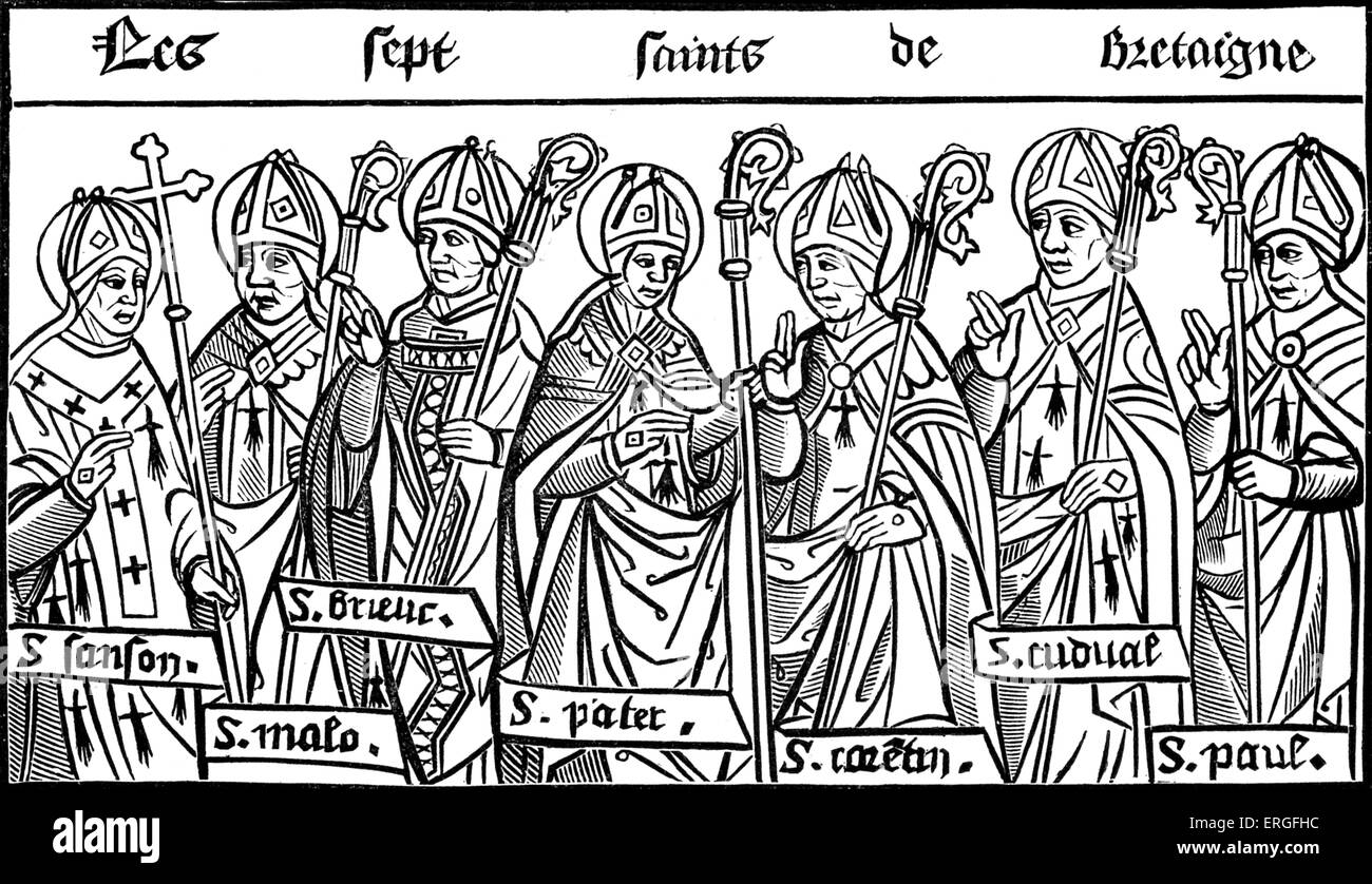 Les sept Saints de Bretagne - de la reproduction de la gravure sur bois dans 'Chroniques de Bretagne par Alain Bouchard, Paris, 1514. Banque D'Images