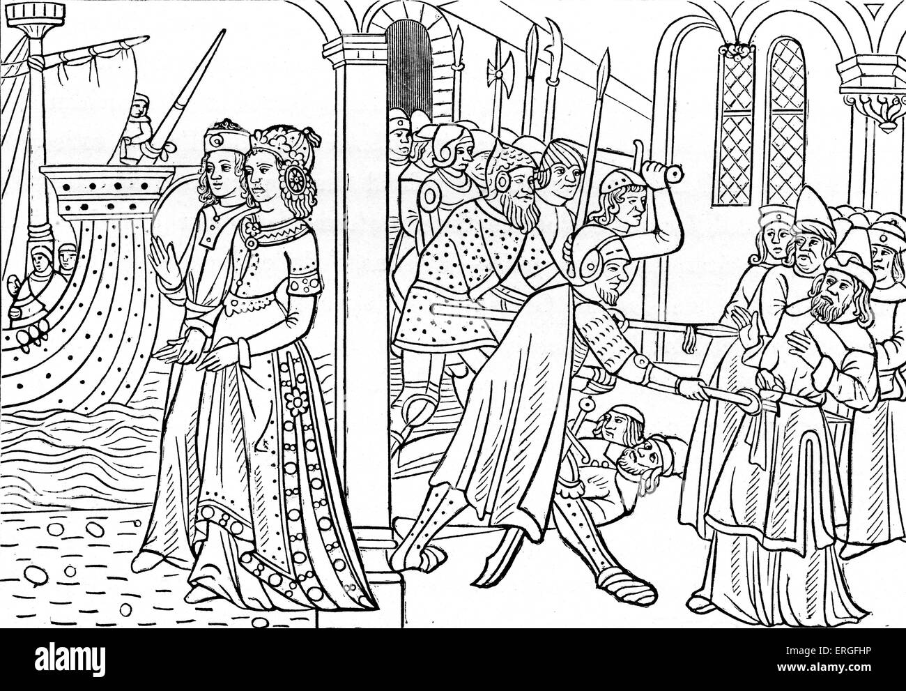 'L'enlèvement d'Hélène de Troie (des) - à partir de la reproduction d'une gravure sur bois dans 'Istoire de la destruction de Troye la Grant, mise par Personnaiges' par Maître Jacques Millet, 1498, Paris, France. Imprimé par Jehan Driart. Banque D'Images