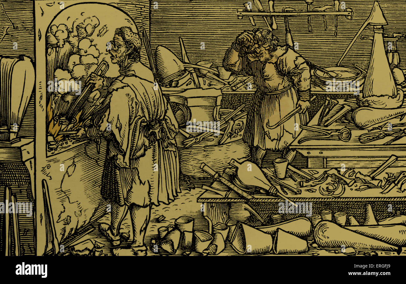 'L'Alchimiste allemand' - à partir de la reproduction d'une gravure sur bois attribués à Holbein, et repris de la traduction allemande de Banque D'Images