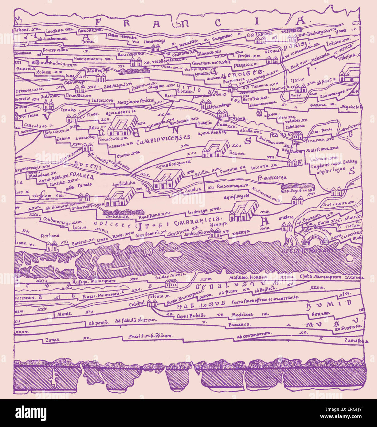 La carte de la Gaule - fragment. Fac-similé d'une réduction de la carte de Pentinger en manuscrit du 13e siècle. (Bibliothèque impériale, Vienne). Banque D'Images