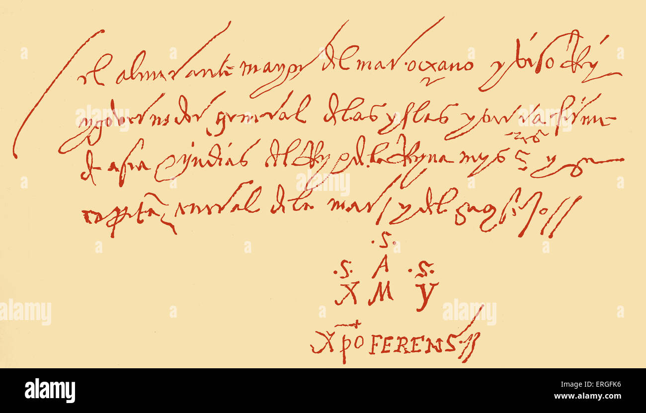 Lettre de Christophe Colomb avec autographe, datée 'un dos dias de Abril 1502" (avril 1502). Traité de Séville à noble Banque D'Images